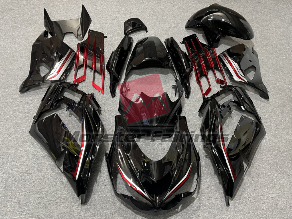 Kawasaki ZX14R 2012 - 2024 Gloss Black with Red & Silver ABS fairings - custom motorcycle bodywork kit by Monster Fairings