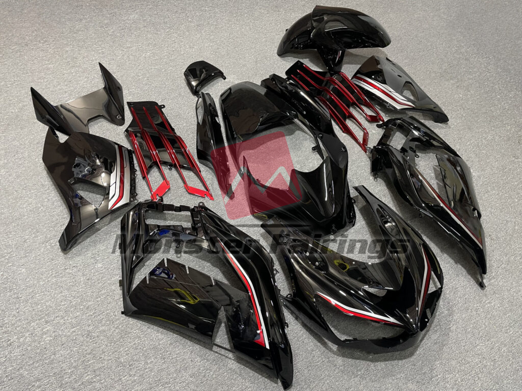 2012 - 2024 Kawasaki ZX14R Gloss Black with Red & Silver fairing set - ABS injection, custom painted by Monster Fairings