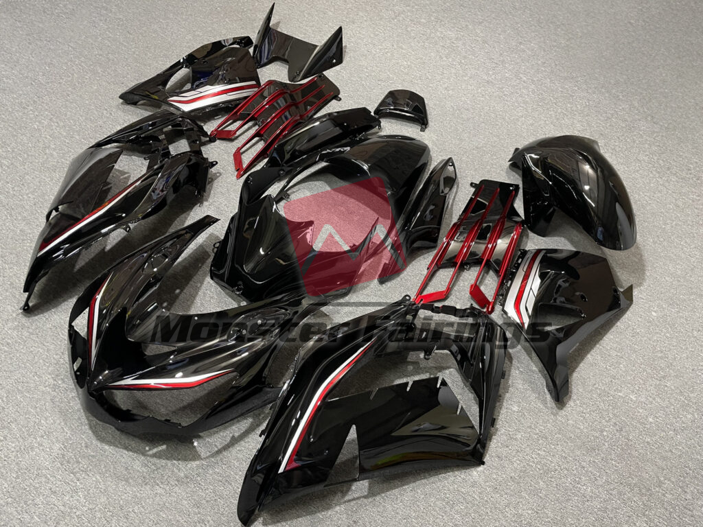 Kawasaki ZX14R custom ABS fairings 2012 - 2024 in Gloss Black with Red & Silver - durable replacement kit, Monster Fairings