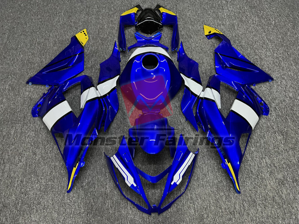 Kawasaki ZX6R 2013 - 2018 Gloss Blue & White With Yellow ABS fairings - custom motorcycle bodywork kit by Monster Fairings