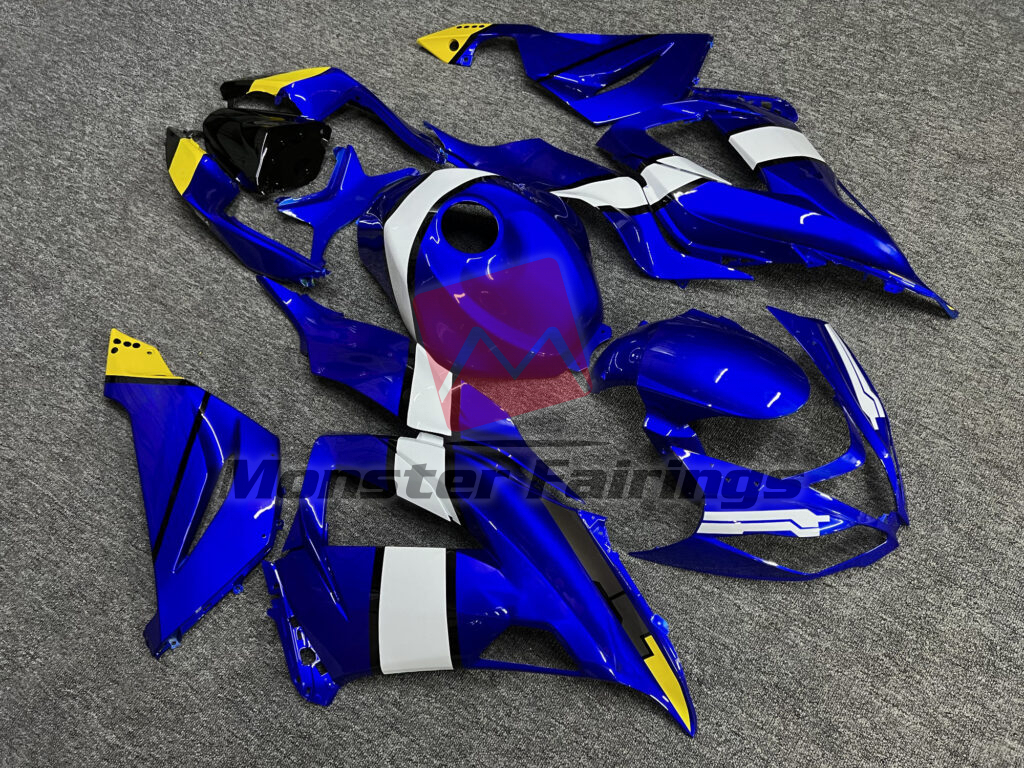 Kawasaki ZX6R custom ABS fairings 2013 - 2018 in Gloss Blue & White With Yellow - durable replacement kit, Monster Fairings