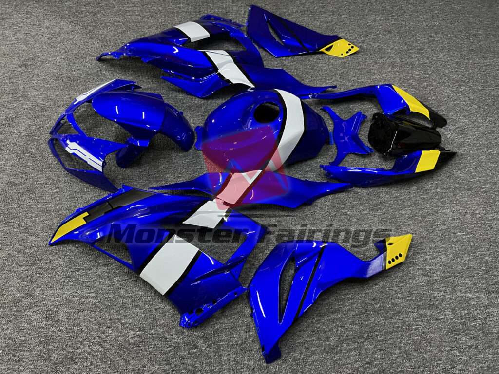 2013 - 2018 Kawasaki ZX6R Gloss Blue & White With Yellow fairing set - ABS injection, custom painted by Monster Fairings