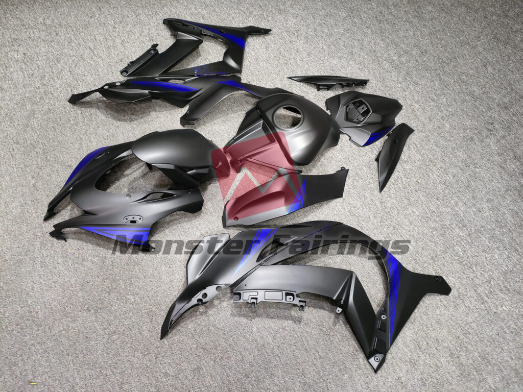 Kawasaki ZX10R custom ABS fairings 2016 - 2020 in Matte Black with Blue - durable replacement kit, Monster Fairings