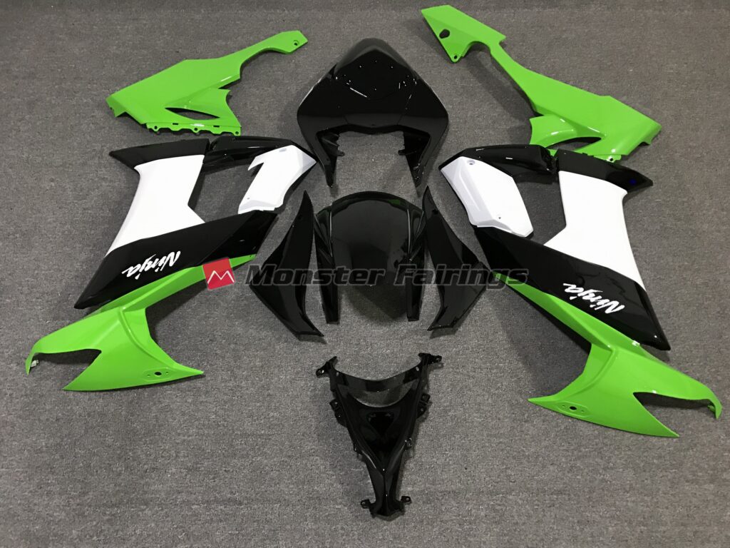 Kawasaki ZX10R 2008 - 2010 Gloss Black with Green ABS fairings - custom motorcycle bodywork kit by Monster Fairings