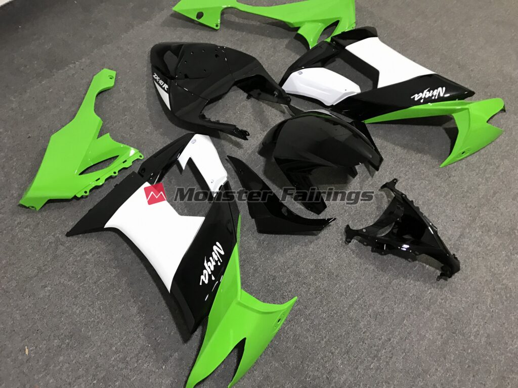 Kawasaki ZX10R custom ABS fairings 2008 - 2010 in Gloss Black with Green - durable replacement kit, Monster Fairings