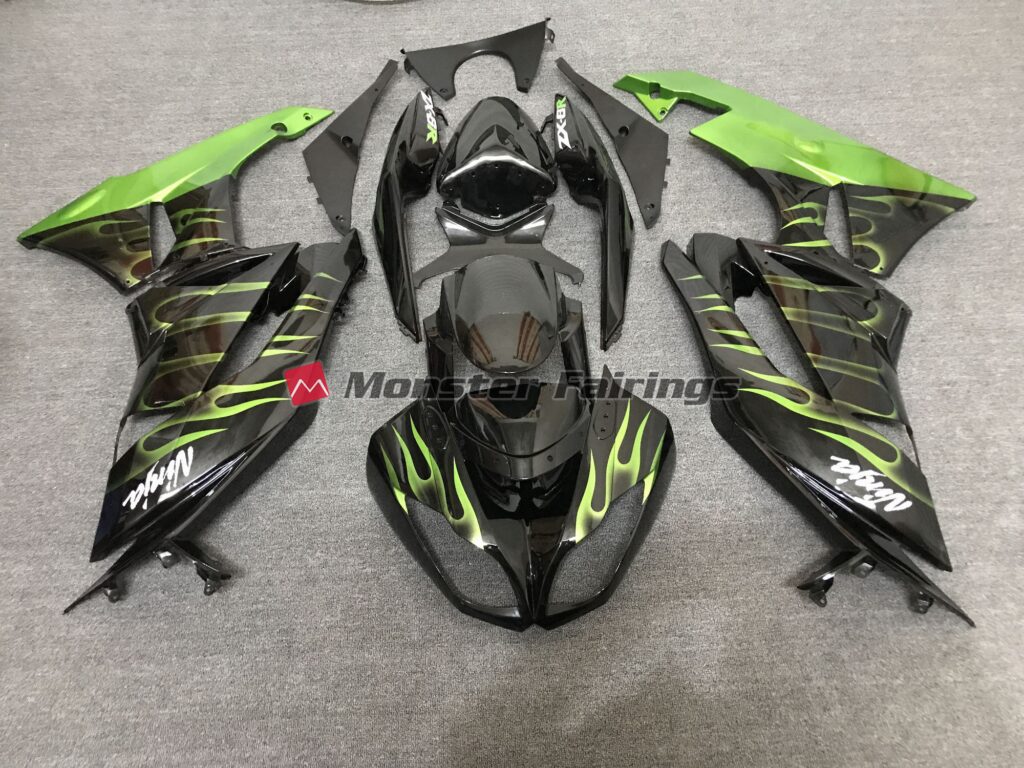 Kawasaki ZX6R 2009 - 2012 Gloss Black with Green Flame ABS fairings - custom motorcycle bodywork kit by Monster Fairings