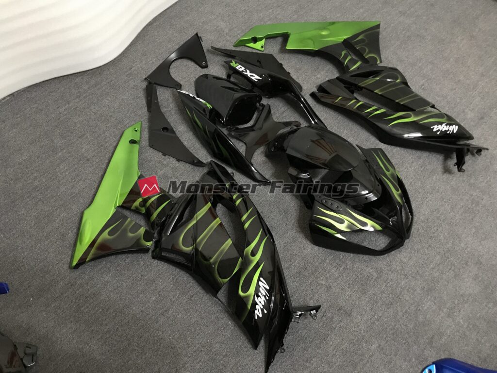 Gloss Black with Green Flame ABS fairings for Kawasaki ZX6R 2009 - 2012 - premium OEM fit kit by Monster Fairings