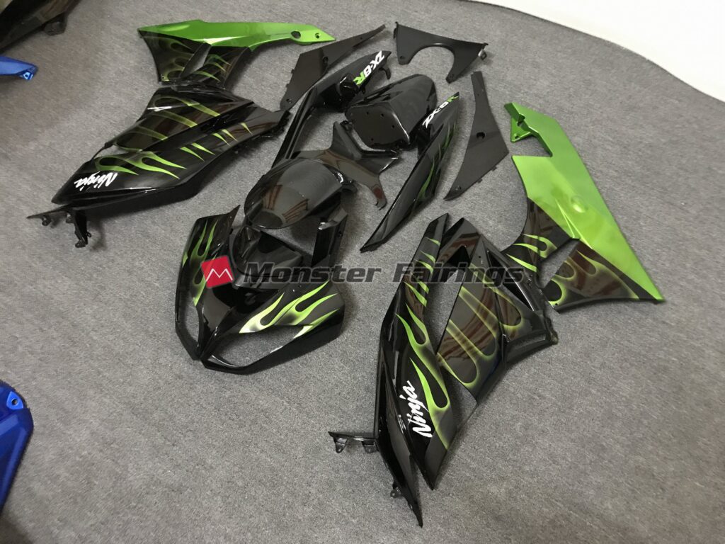 Kawasaki ZX6R custom ABS fairings 2009 - 2012 in Gloss Black with Green Flame - durable replacement kit, Monster Fairings