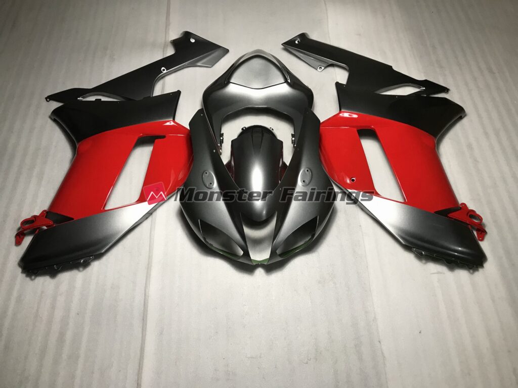 Kawasaki ZX6R 2007 - 2008 Metallic Silver with Red ABS fairings - custom motorcycle bodywork kit by Monster Fairings