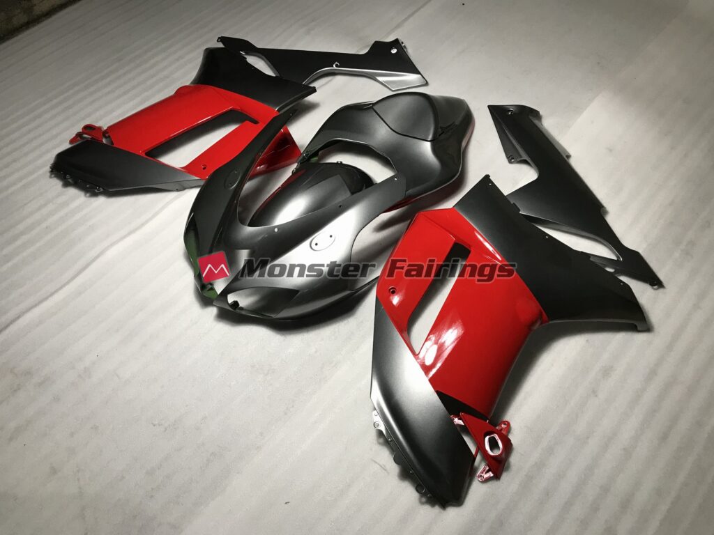 Kawasaki ZX6R custom ABS fairings 2007 - 2008 in Metallic Silver with Red - durable replacement kit, Monster Fairings