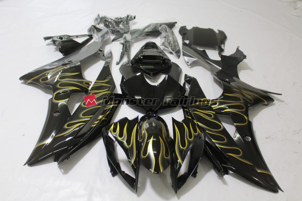 Yamaha R6 2008 - 2016 Gloss Black with Flame ABS fairings - custom motorcycle bodywork kit by Monster Fairings