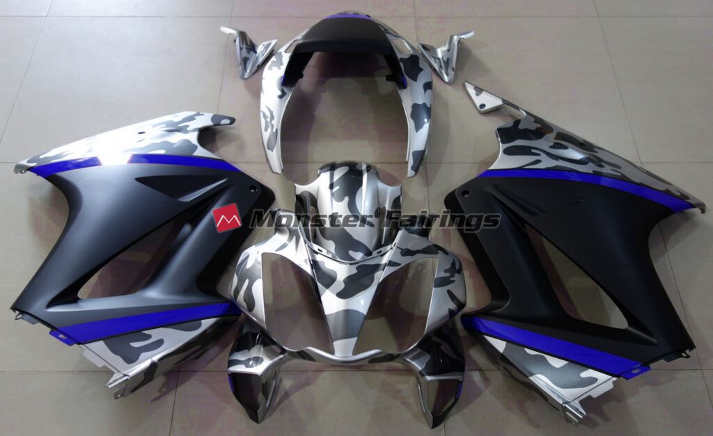 Honda VFR800 2002 - 2012 Gray Camouflage Blue ABS fairings - custom motorcycle bodywork kit by Monster Fairings
