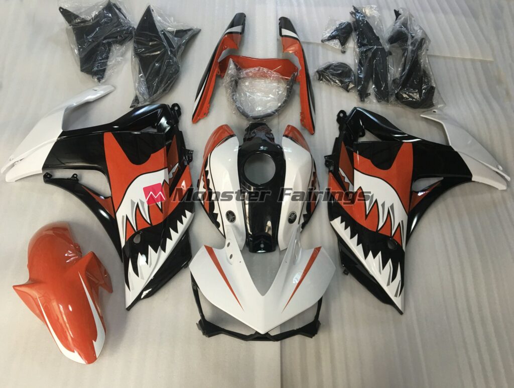 Yamaha R3 2014 - 2018 Orange White Shark ABS fairings - custom motorcycle bodywork kit by Monster Fairings