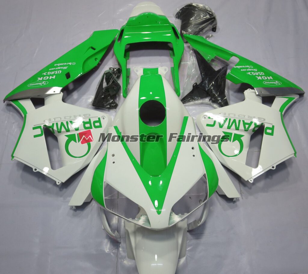 Honda CBR600RR 2003 - 2004 Gloss White and Green PRAMAC ABS fairings - custom motorcycle bodywork kit by Monster Fairings