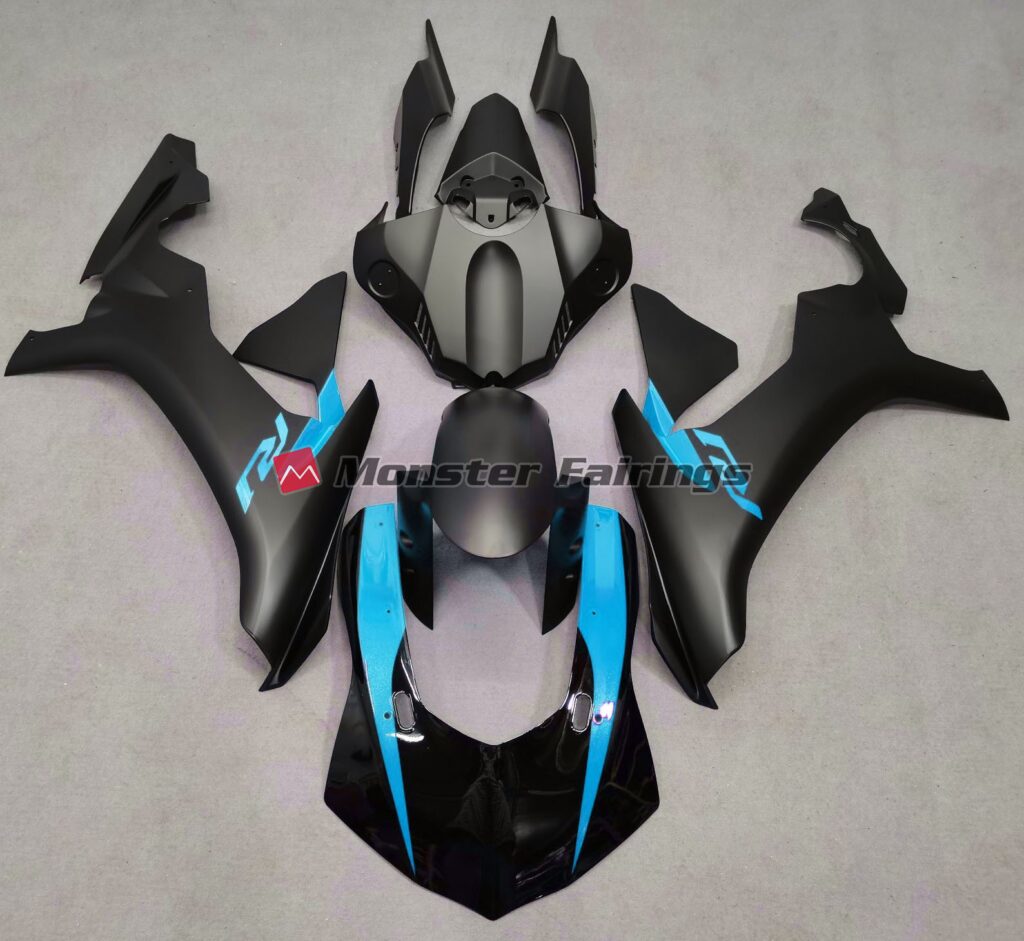 Yamaha R1 2015 - 2019 Matte Black with Light Blue ABS fairings - custom motorcycle bodywork kit by Monster Fairings