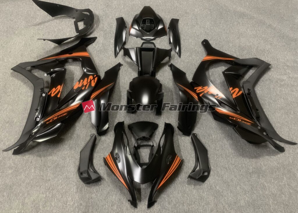 Kawasaki ZX10R 2016 - 2020 Satin Black with Orange ABS fairings - custom motorcycle bodywork kit by Monster Fairings