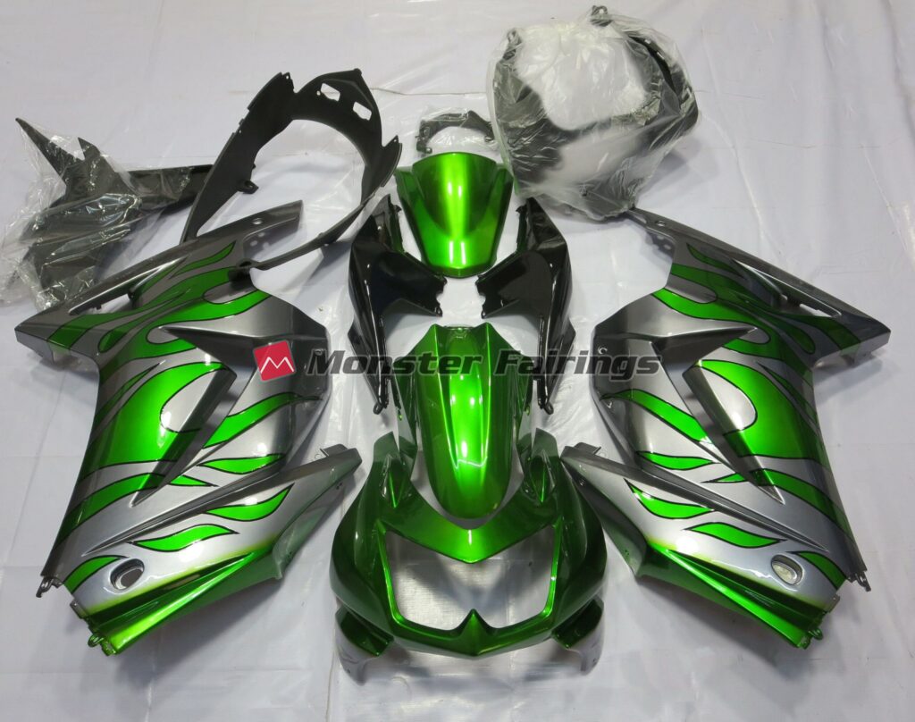 Kawasaki Ninja 250 2008 - 2013 Green & and Silver Flame ABS fairings - custom motorcycle bodywork kit by Monster Fairings