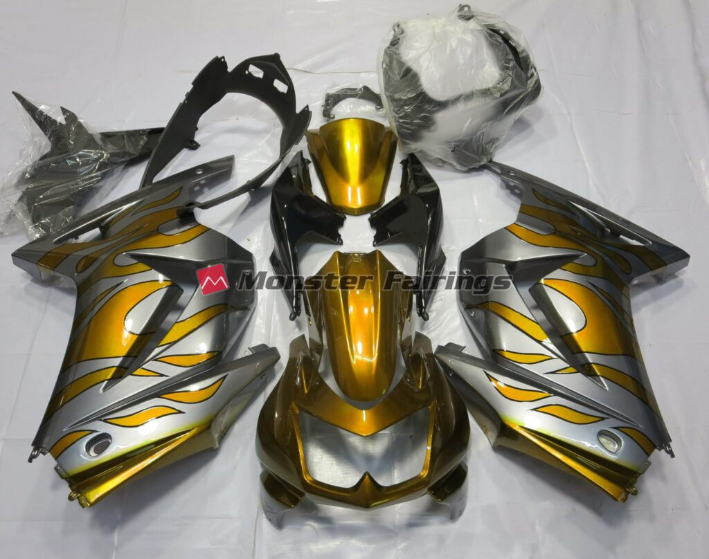 Kawasaki Ninja 250 2008 - 2013 Gold and Silver Flame ABS fairings - custom motorcycle bodywork kit by Monster Fairings