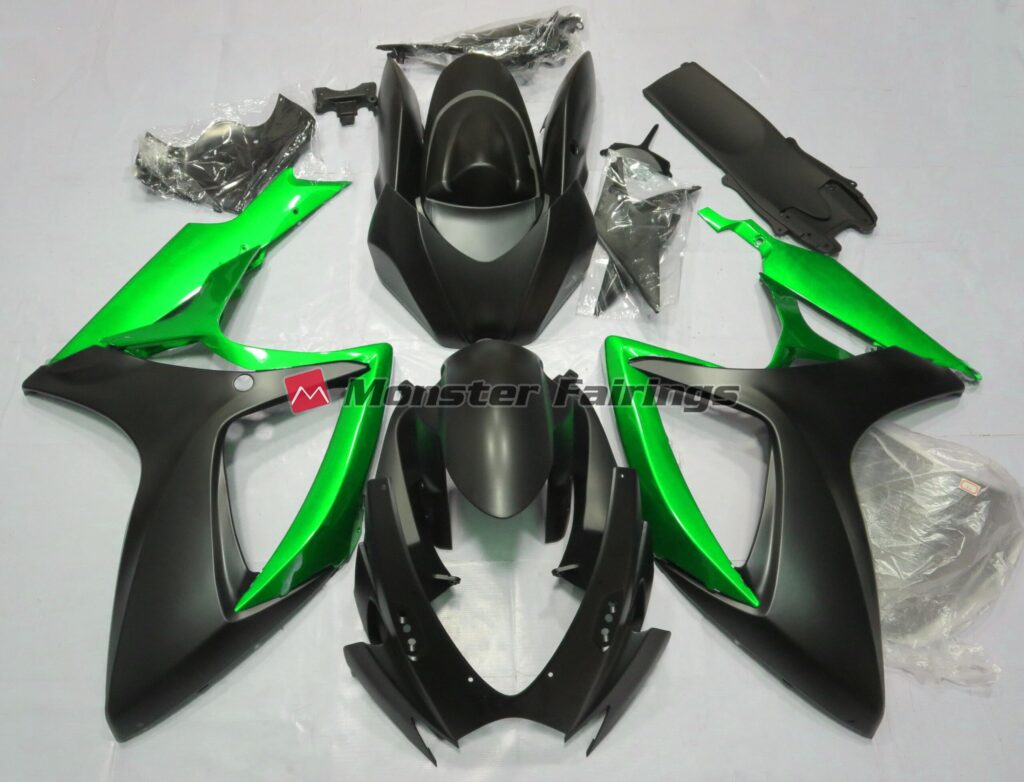 Suzuki GSXR 600 - 750 2006 - 2007 Matte Black with Green ABS fairings - custom motorcycle bodywork kit by Monster Fairings