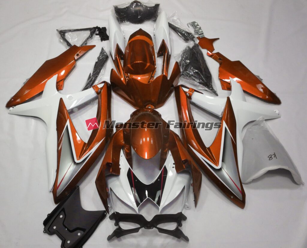 Suzuki GSXR 600 - 750 2008 - 2010 Gloss Orange and White ABS fairings - custom motorcycle bodywork kit by Monster Fairings