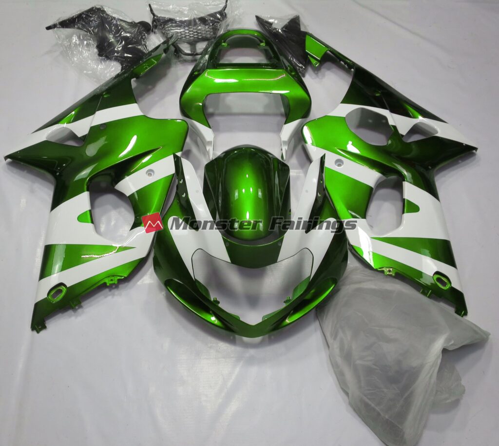 Suzuki GSXR 1000 2000 - 2002 Gloss Green with White ABS fairings - custom motorcycle bodywork kit by Monster Fairings