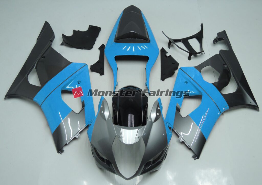 Suzuki GSXR 1000 2003 - 2004 Gloss Light Blue, Silver & Black ABS fairings - custom motorcycle bodywork kit by Monster Fairings
