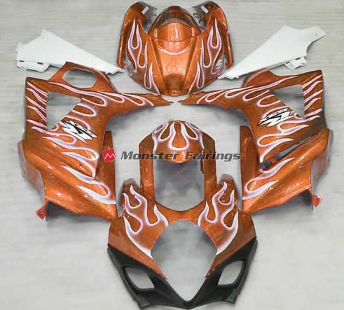 Suzuki GSXR 1000 2007 - 2008 Gloss Orange White Flame ABS fairings - custom motorcycle bodywork kit by Monster Fairings