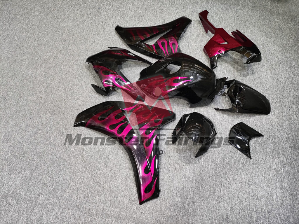 2008 - 2011 Honda CBR1000RR Gloss Black With Pink Flames fairing set - ABS injection, custom painted by Monster Fairings