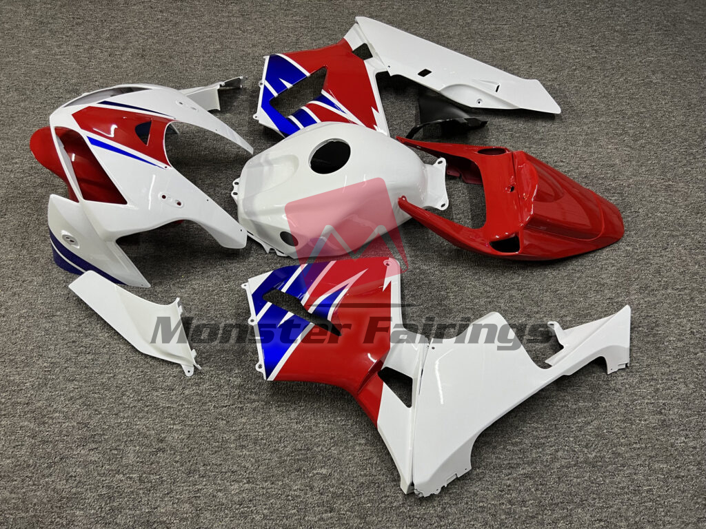 2005 - 2006 Honda CBR600RR Gloss White with Red & Blue fairing set - ABS injection, custom painted by Monster Fairings