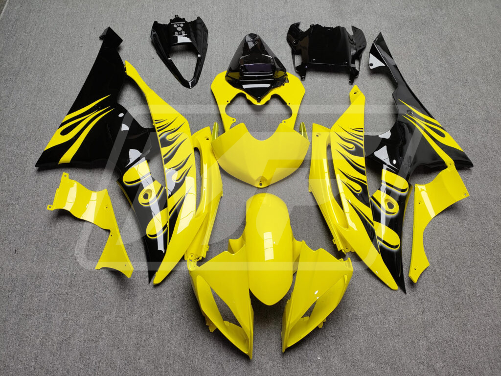 Yamaha R6 2008 - 2016 Gloss Yellow Black Flames ABS fairings - custom motorcycle bodywork kit by Monster Fairings
