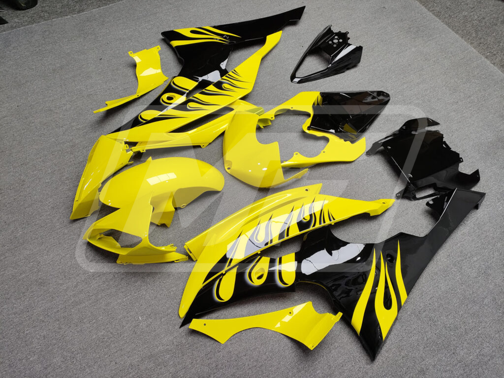 Yamaha R6 custom ABS fairings 2008 - 2016 in Gloss Yellow Black Flames - durable replacement kit, Monster Fairings