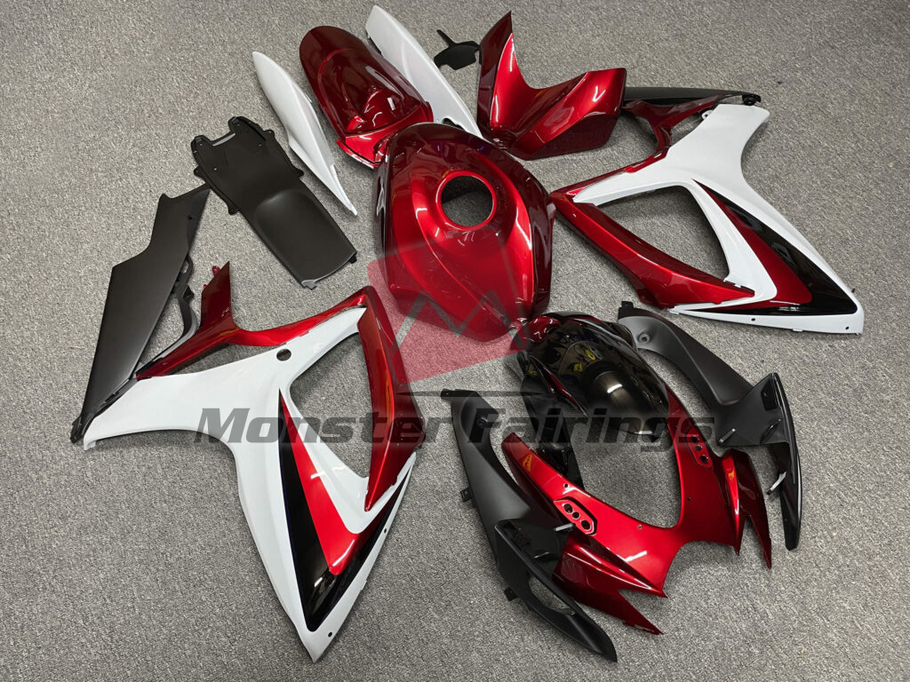 2006 - 2007 Suzuki GSXR 600 - 750 Gloss White & Candy Red With Black fairing set - ABS injection, custom painted by Monster Fairings
