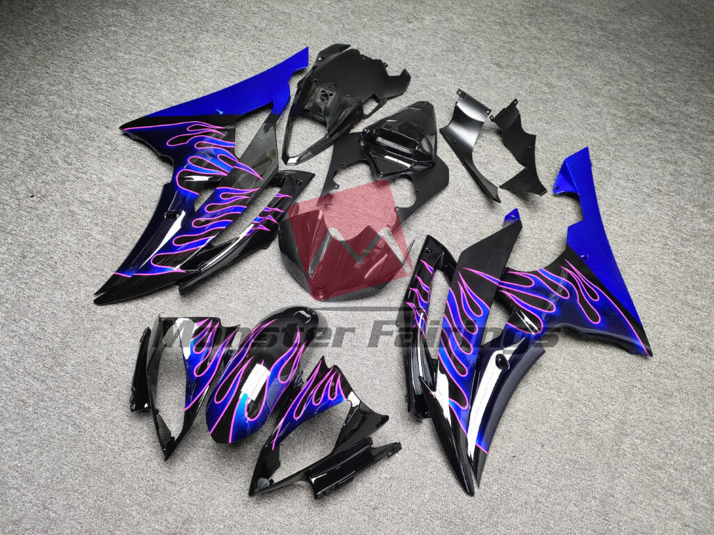 Yamaha R6 custom ABS fairings 2008 - 2016 in Gloss Black Blue Flames - durable replacement kit, Monster Fairings