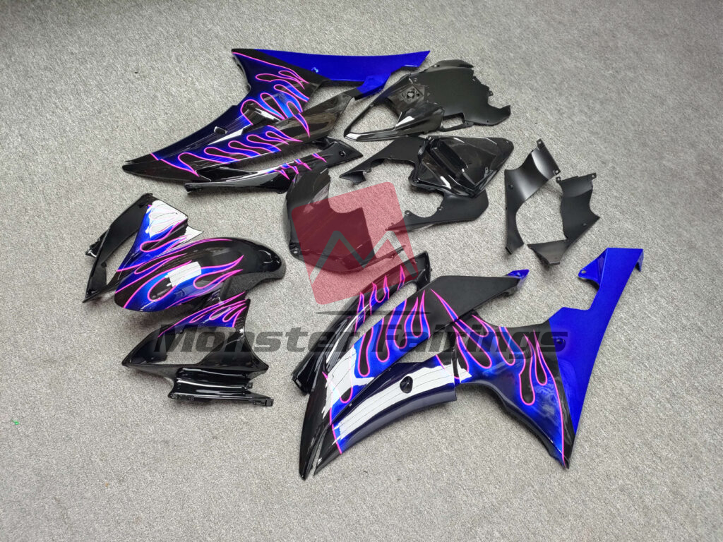 2008 - 2016 Yamaha R6 Gloss Black Blue Flames fairing set - ABS injection, custom painted by Monster Fairings