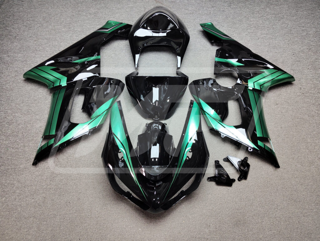 Kawasaki ZX6R 2005 - 2006 Gloss Black with Emerald Green ABS fairings - custom motorcycle bodywork kit by Monster Fairings