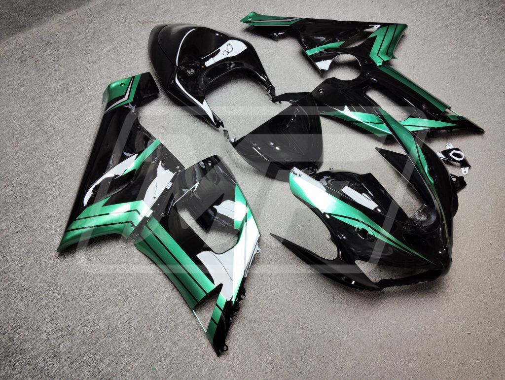 Kawasaki ZX6R custom ABS fairings 2005 - 2006 in Gloss Black with Emerald Green - durable replacement kit, Monster Fairings