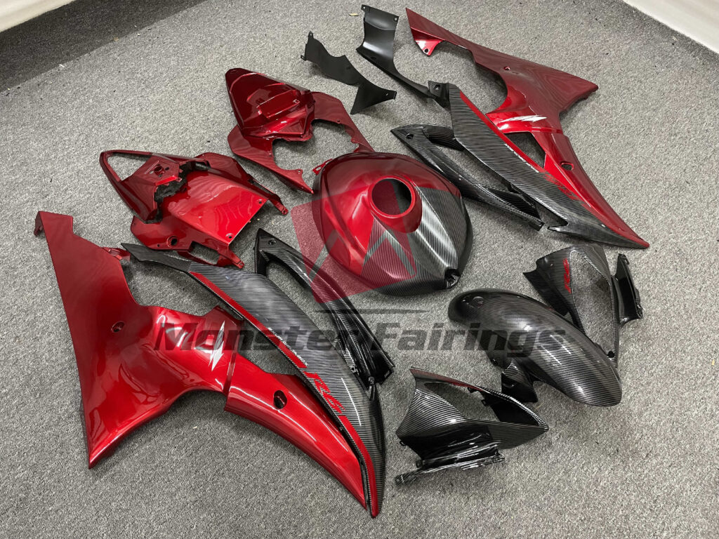 2008 - 2016 Yamaha R6 Gloss Red Carbon Fiber Style fairing set - ABS injection, custom painted by Monster Fairings