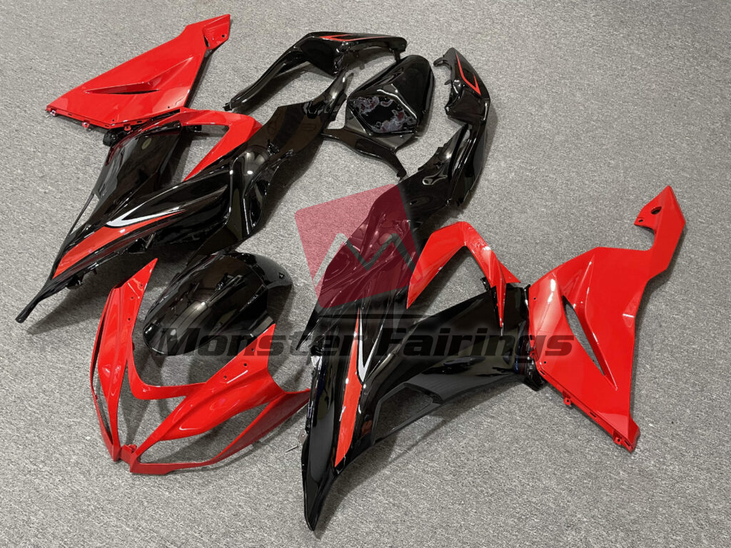 2013 - 2018 Kawasaki ZX6R Gloss Black & and Red fairing set - ABS injection, custom painted by Monster Fairings