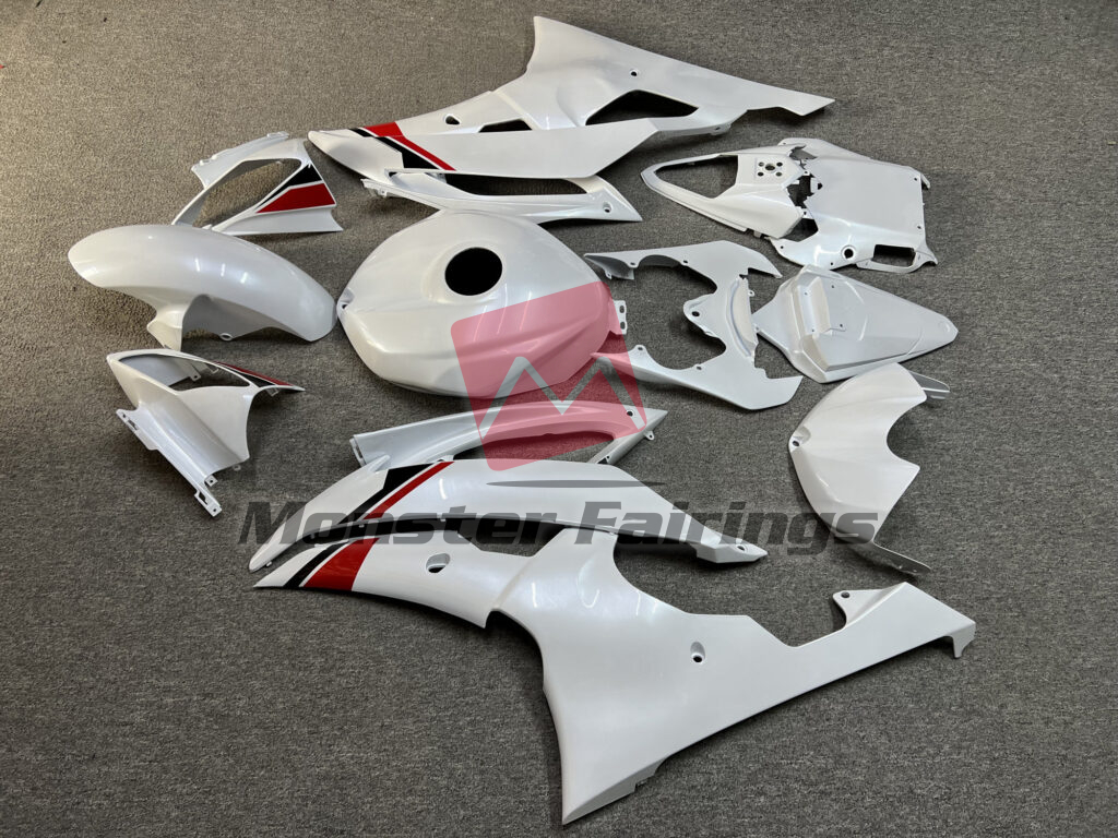 2008 - 2016 Yamaha R6 Gloss Pearl White with Black & and Red fairing set - ABS injection, custom painted by Monster Fairings