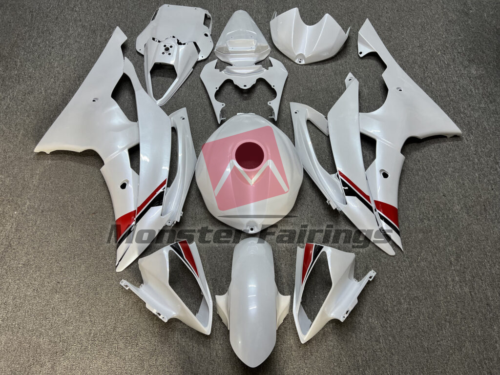 Yamaha R6 2008 - 2016 Gloss Pearl White with Black & and Red ABS fairings - custom motorcycle bodywork kit by Monster Fairings