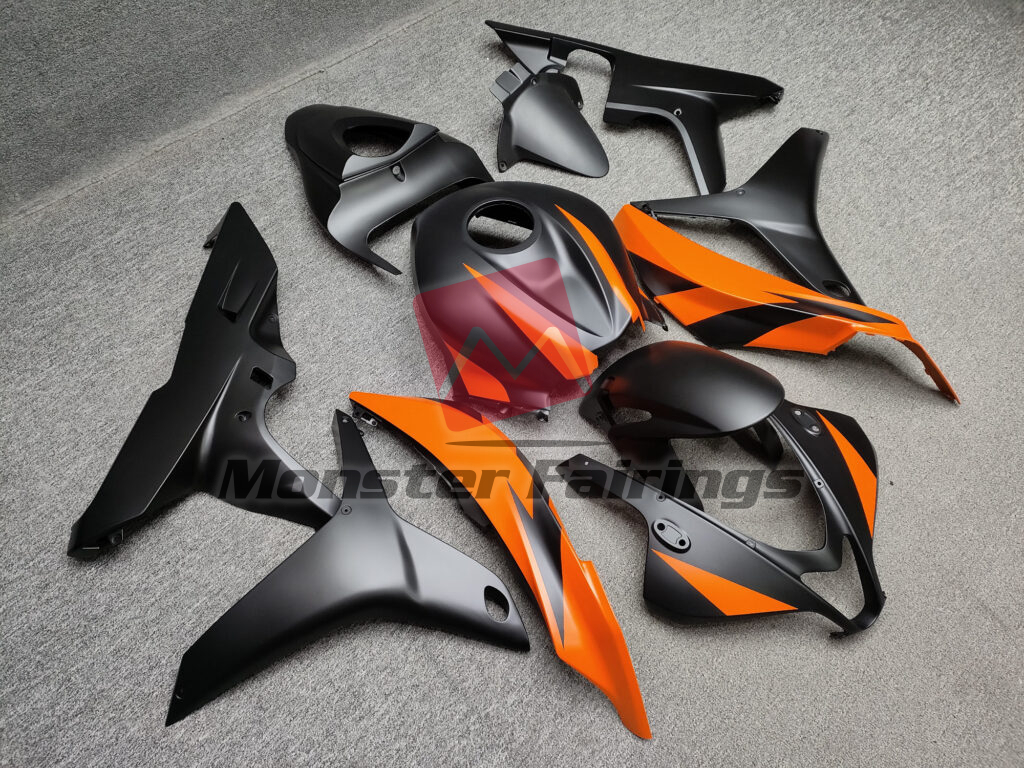 2007 - 2008 Honda CBR600RR Matte Black Orange fairing set - ABS injection, custom painted by Monster Fairings