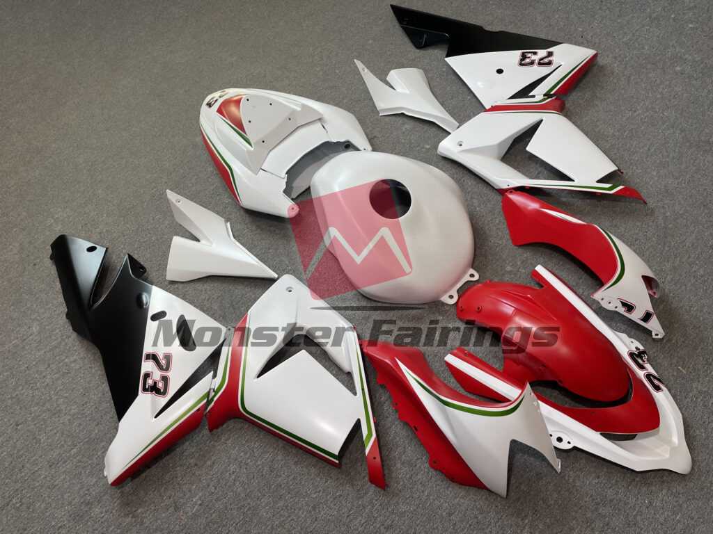 2004 - 2005 Kawasaki ZX10R Gloss White with Red fairing set - ABS injection, custom painted by Monster Fairings