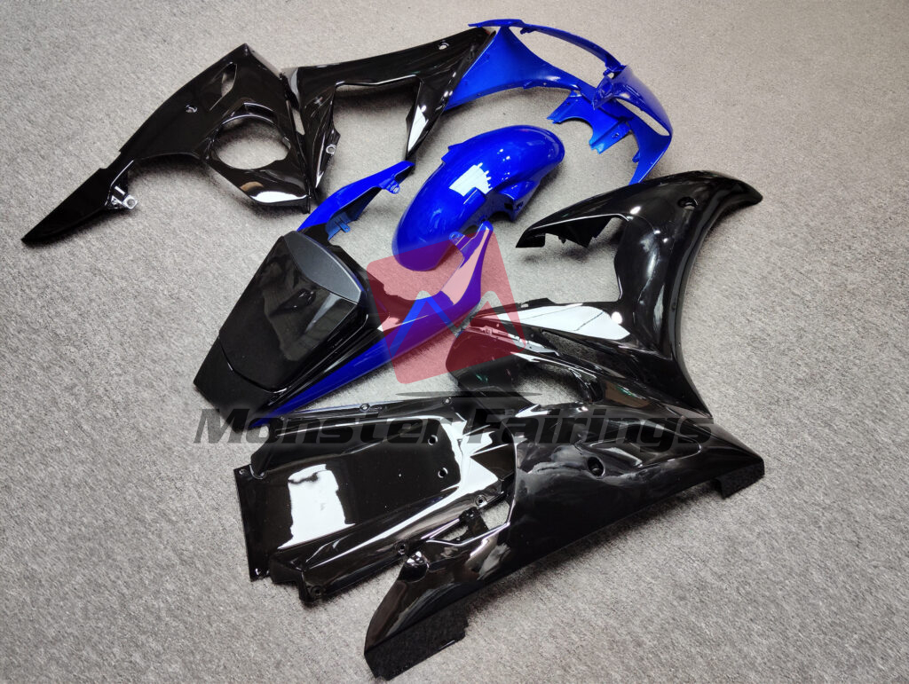 2003 - 2004 Yamaha R6 Gloss Black & Blue fairing set - ABS injection, custom painted by Monster Fairings