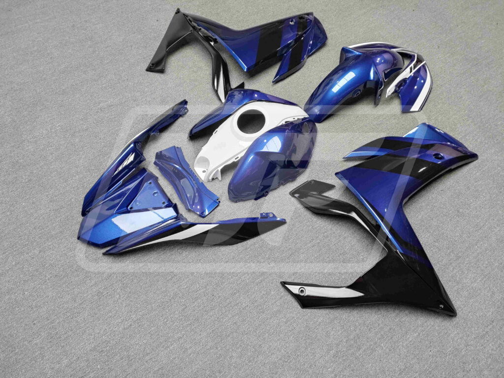 2014 - 2018 Yamaha R3 Gloss Black & Blue White fairing set - ABS injection, custom painted by Monster Fairings