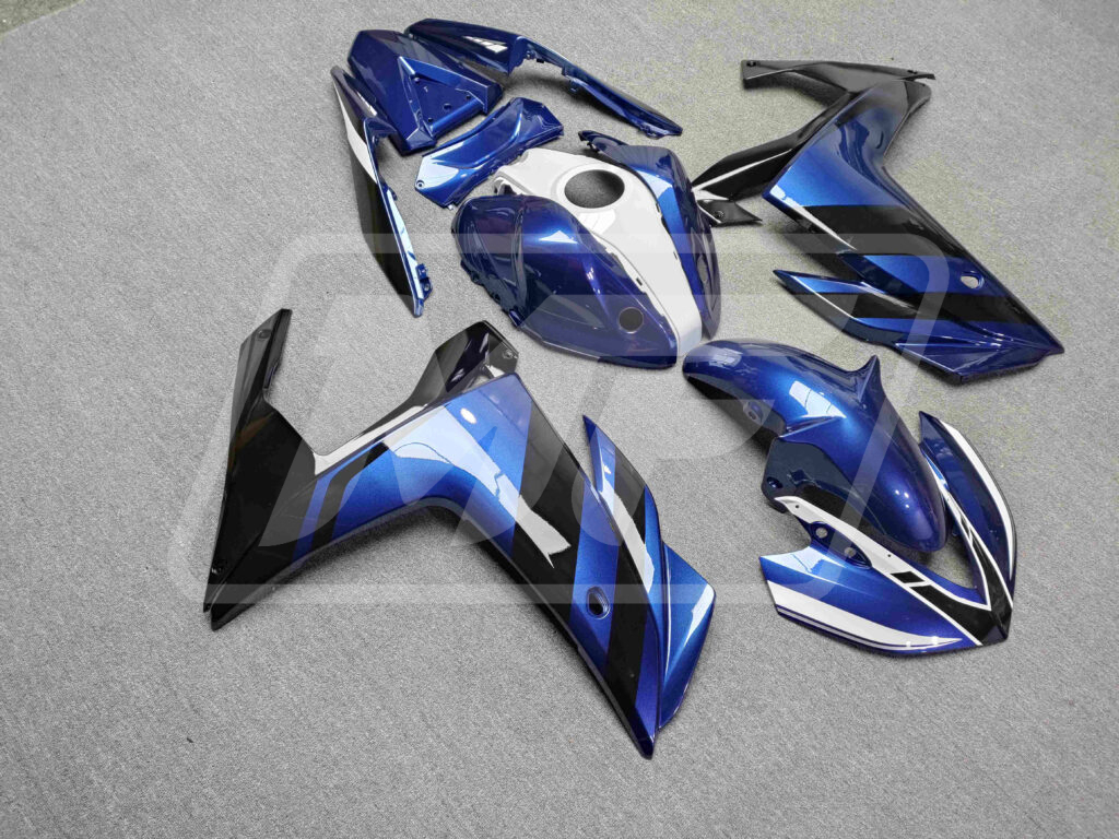 Yamaha R3 custom ABS fairings 2014 - 2018 in Gloss Black & Blue White - durable replacement kit, Monster Fairings