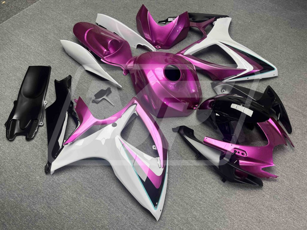 Suzuki GSXR 600 - 750 custom ABS fairings 2006 - 2007 in Gloss Pink & White with Black - durable replacement kit, Monster Fairings