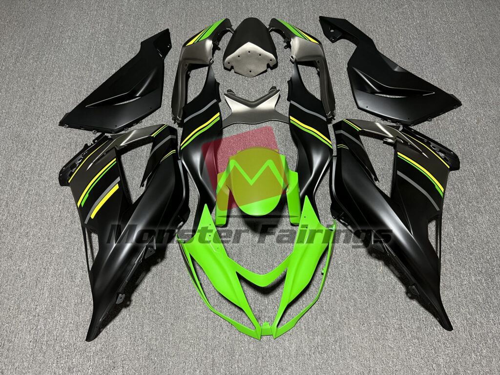 Kawasaki ZX6R 2013 - 2018 Matte Black with Green & Yellow ABS fairings - custom motorcycle bodywork kit by Monster Fairings