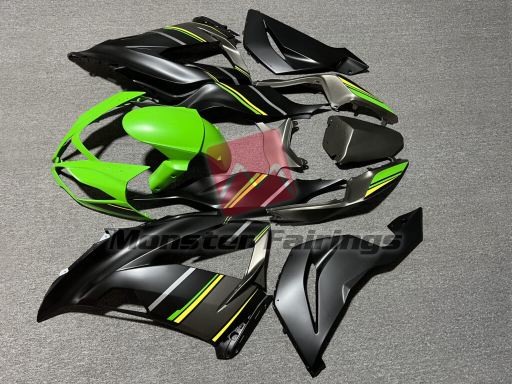 Kawasaki ZX6R custom ABS fairings 2013 - 2018 in Matte Black with Green & Yellow - durable replacement kit, Monster Fairings