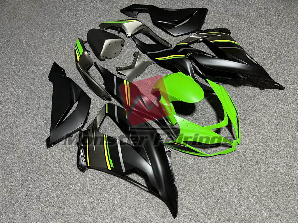 2013 - 2018 Kawasaki ZX6R Matte Black with Green & Yellow fairing set - ABS injection, custom painted by Monster Fairings