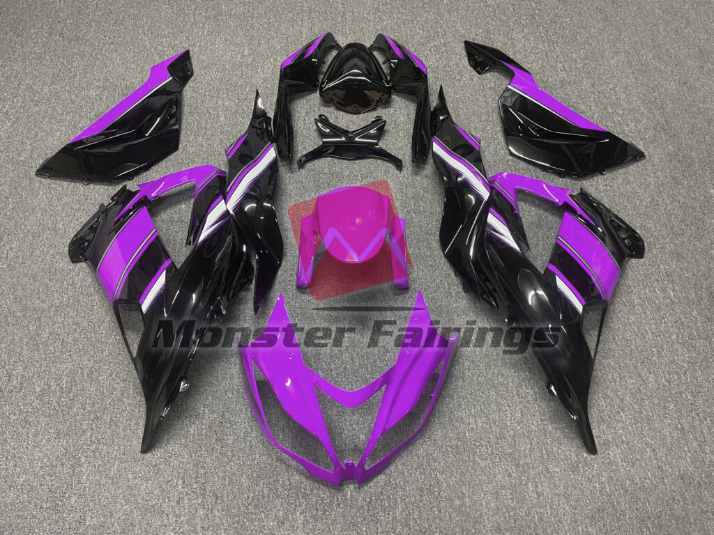 Kawasaki ZX6R 2013 - 2018 Gloss Black With Pink & White ABS fairings - custom motorcycle bodywork kit by Monster Fairings